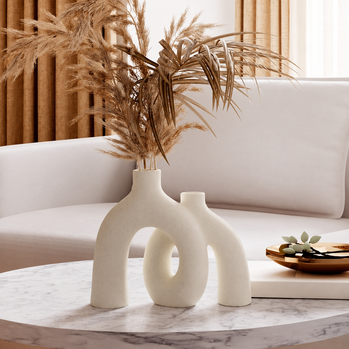 Skulpturell Vas i Keramik – Set om 2, Matt Beige